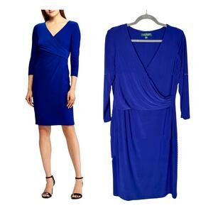 Ralph Lauren 12 Wrap Jersey Dress $138 Stretchy 3/4 Sleeve Knee Length Blue